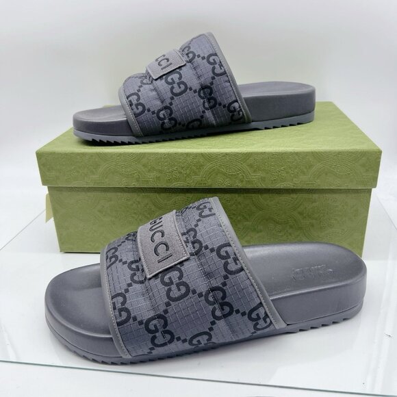 GUCCI Mens GG LOGO Ripstop Monogram Gray Slides Sandals 771466 Men UK 12 US 12.5 - Picture 4 of 16